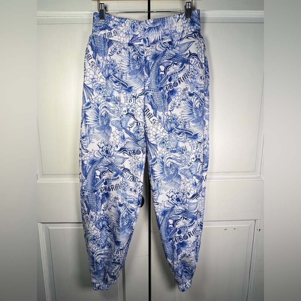 Bershka Blue and White Chinoiserie-style Print Joggers Excellent Condition Sz S